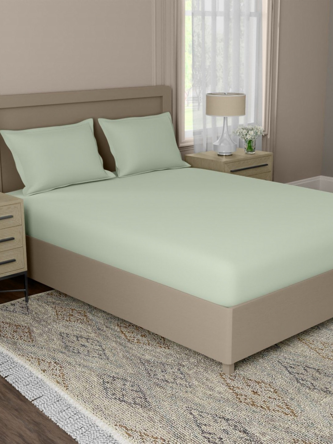 home expressions Harmony Light Green Solid Cotton Super King Bedsheet Set 2.95 m X 3.05  m