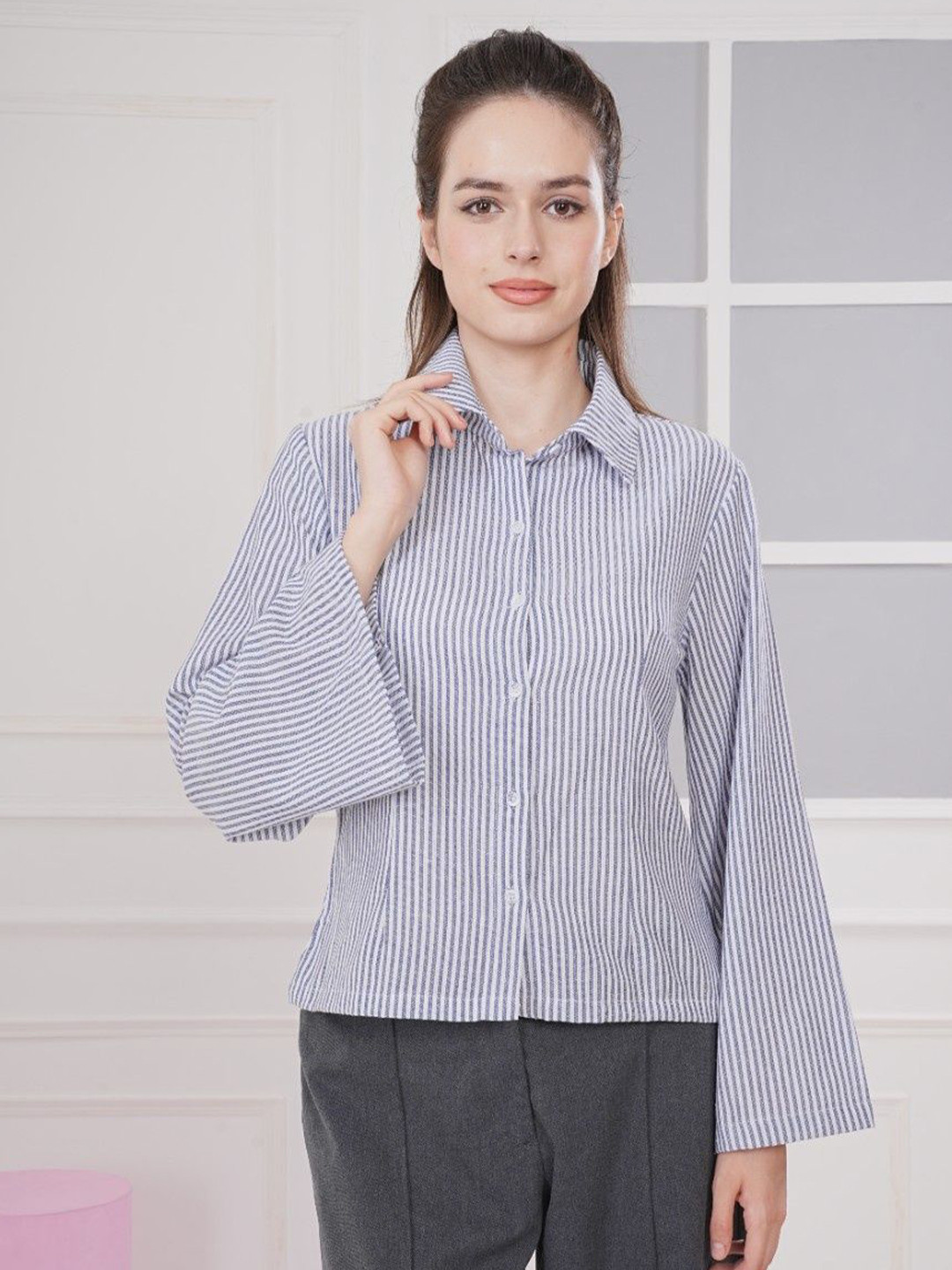 NEYSA Women Vertical Striped Spread Collar Cotton Casual Shirt