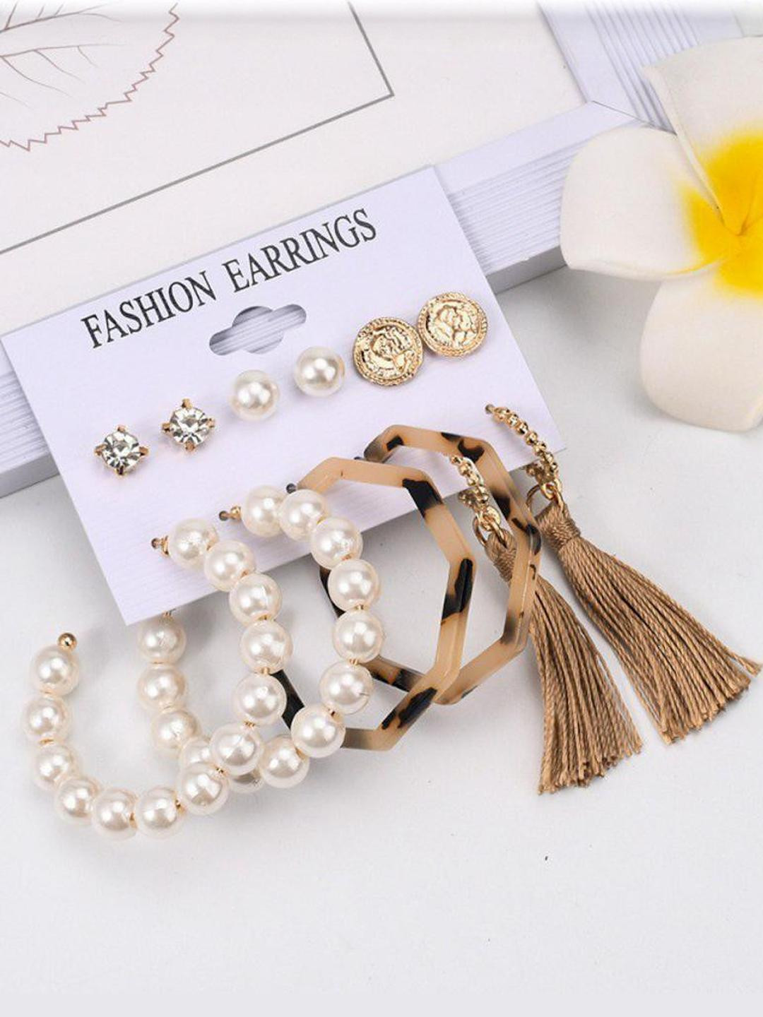 TheVineGirl 6 Pair Gold-Plated Studs, Tassel, Hoop & Drop Earrings