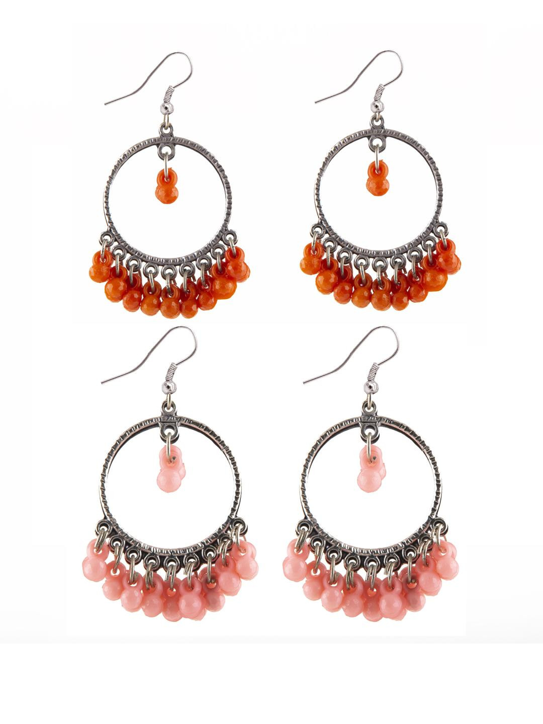 Creative Frogs Silver Oxidize Orange & Pink Drop Earrings - Set Of 2