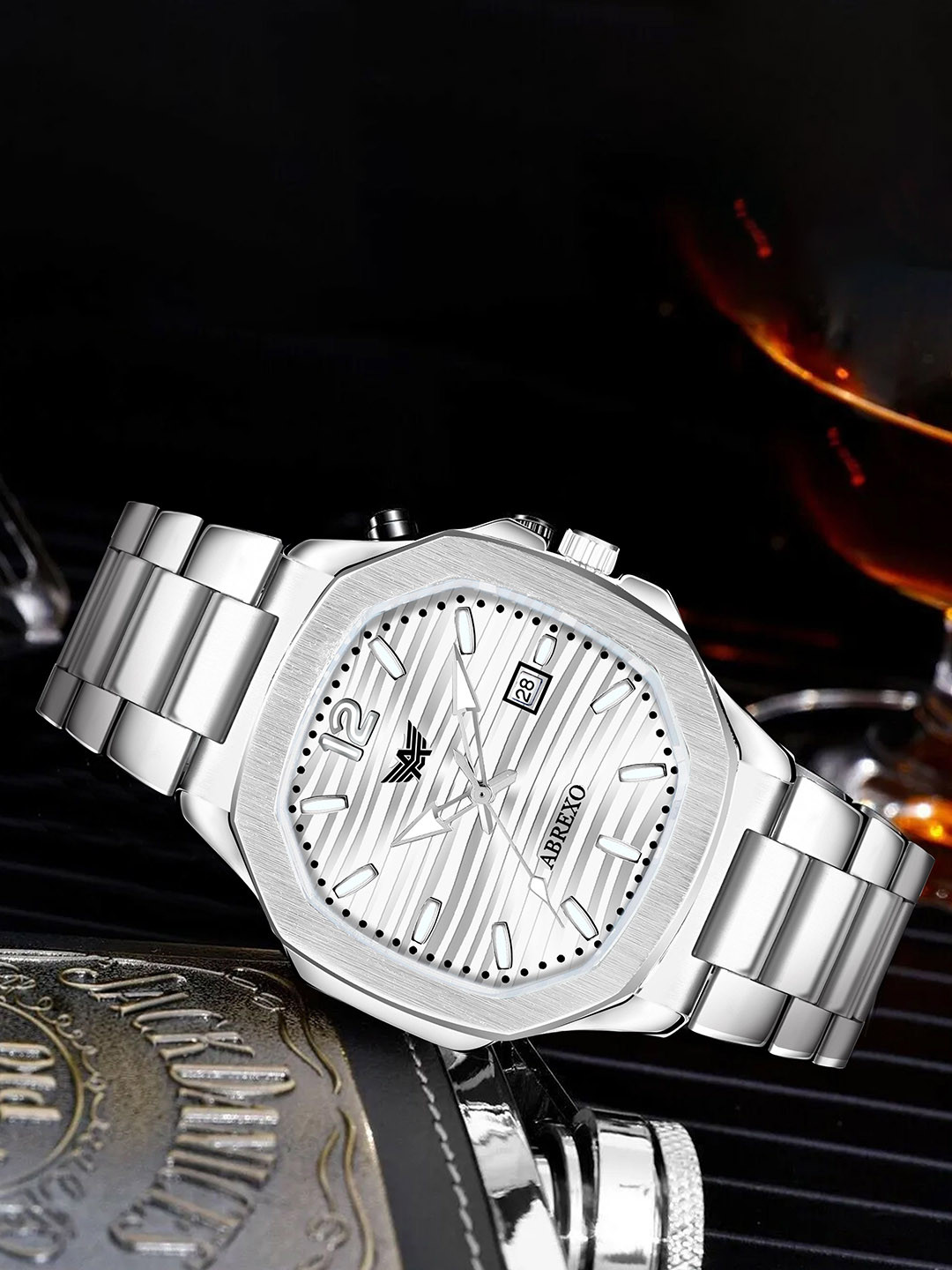 Abrexo Men Steel Bracelet Style Straps Analogue Watch Abx7000- Silver plus C2 Silver Chain