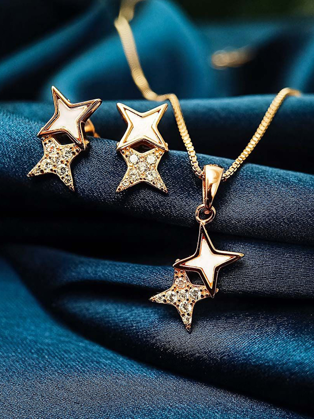 INARI SHINES 925 Sterling Silver Rose Gold-Plated Zircon Studded Duo-Star Jewellery Set