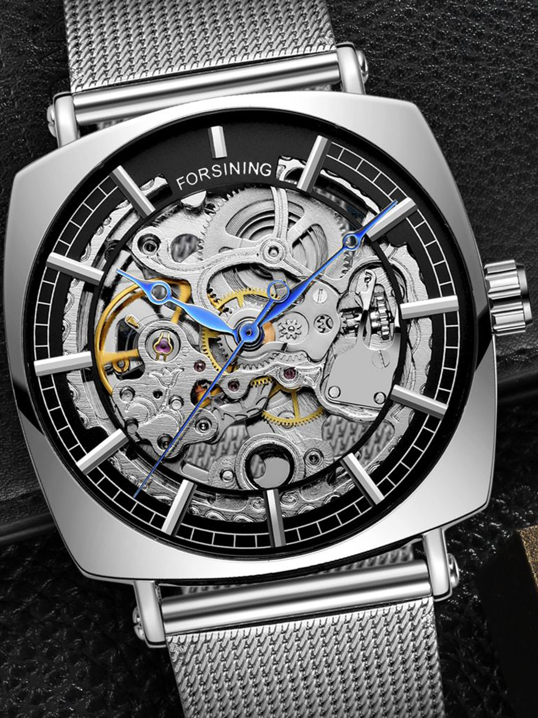 FORSINING Men Automatic Skeleton Watch with Mesh Stainless Steel Band