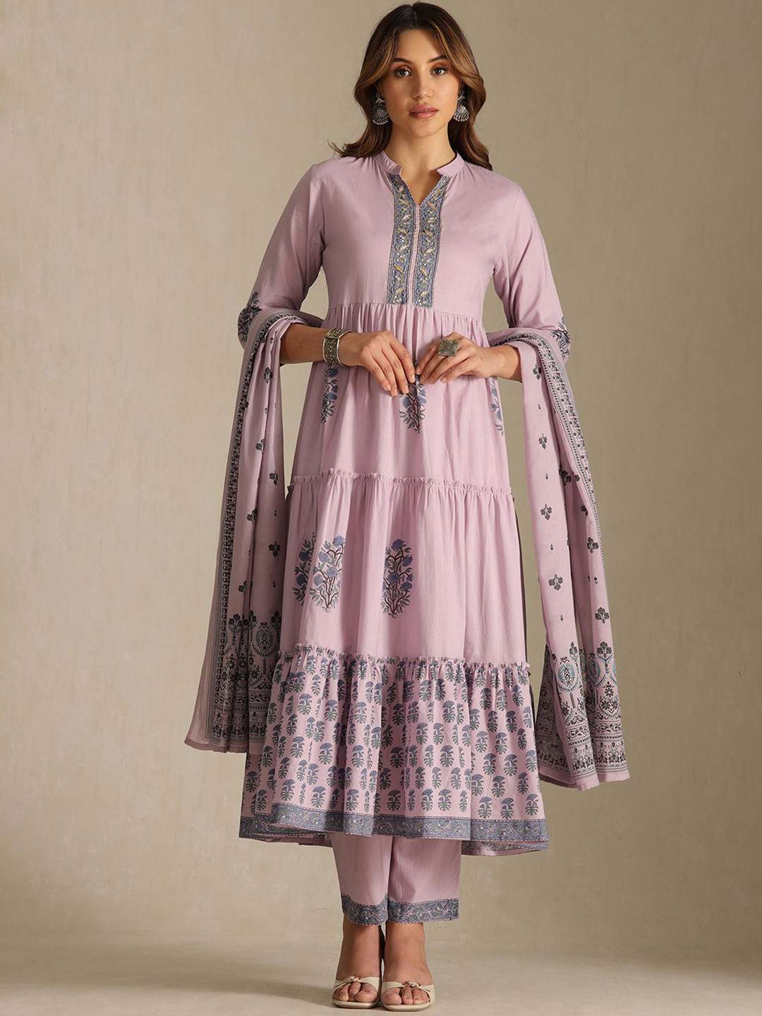 Soch Floral Printed Tiered Mandarin Collar Beads & Stones Kurta With Trousers & Dupatta