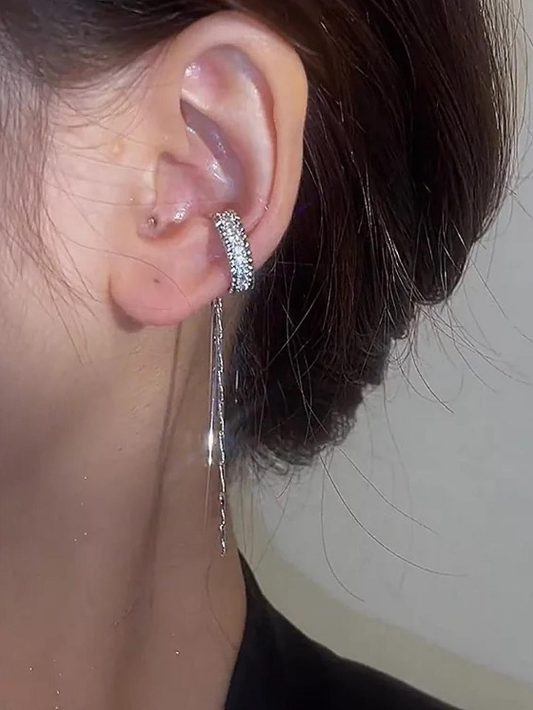 TheVineGirl Korean Silver Shiny Tassels Studded Ear Cuff For Women and Girls