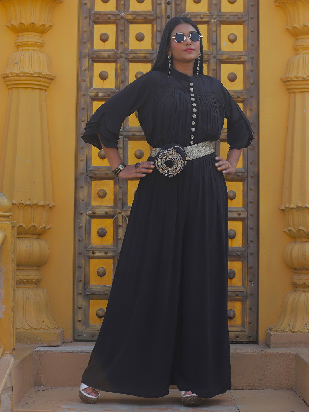 GloballyRonakRBafna Mandarin Collar Basic Jumpsuit With Bag