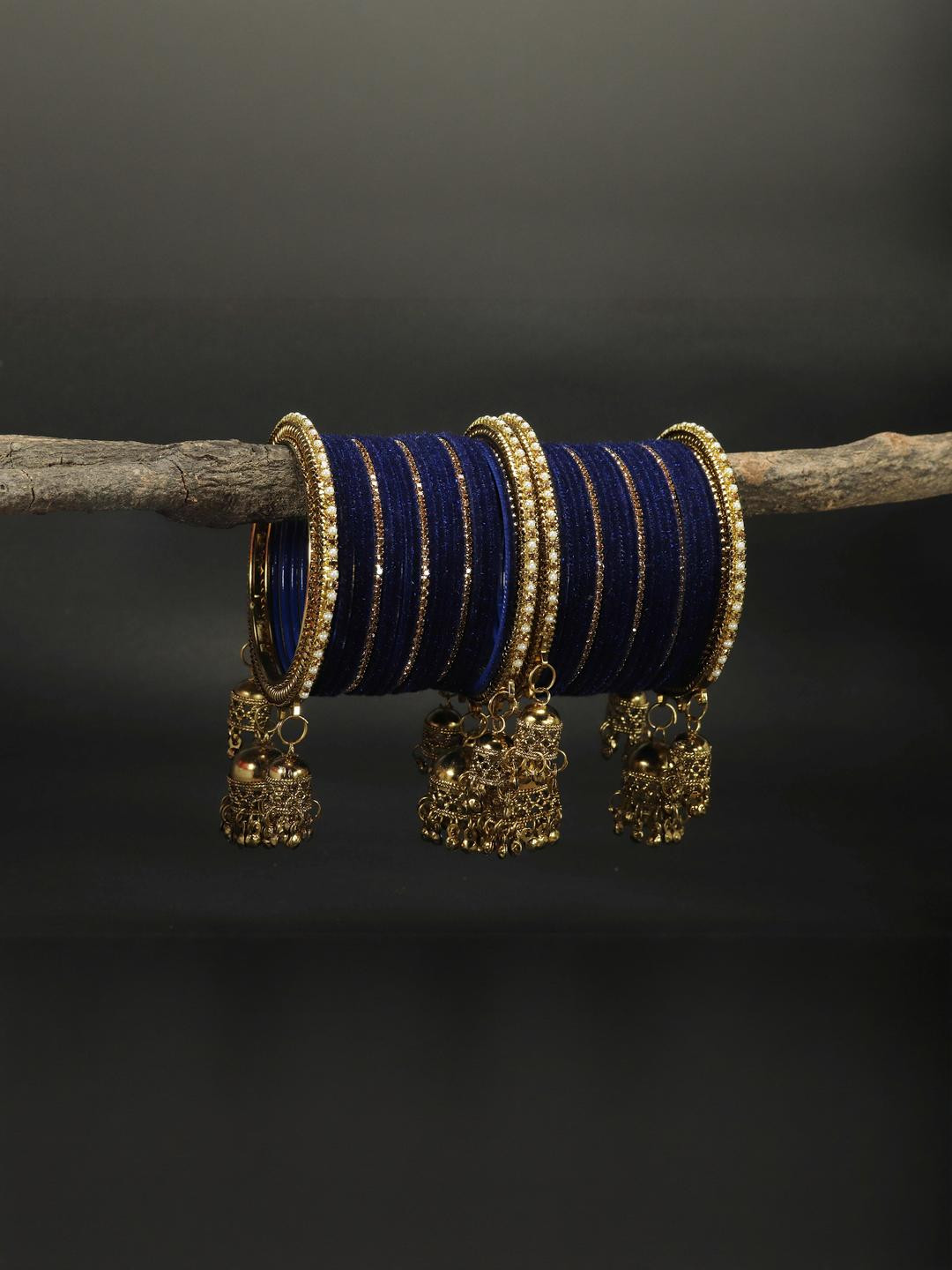 Amika Women Blue Velvet Jhumka latkan Bangles Set
