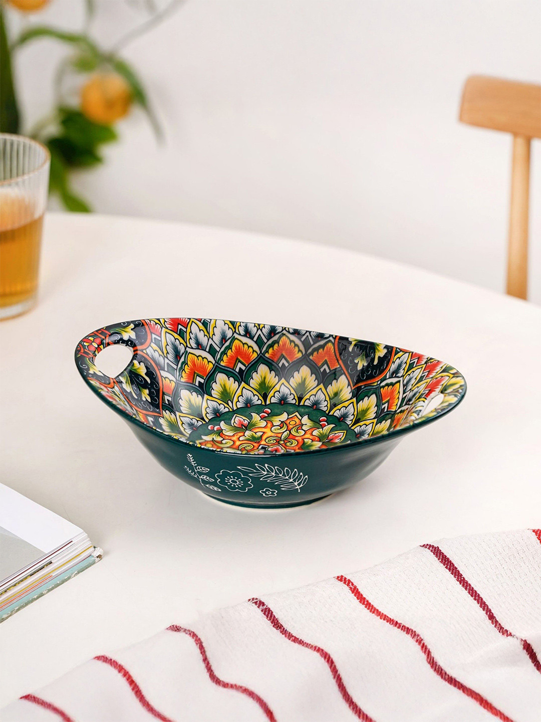 Nestasia Green & White Mystic Mandala Ceramic Long Dish Bowl With Handles-400ml