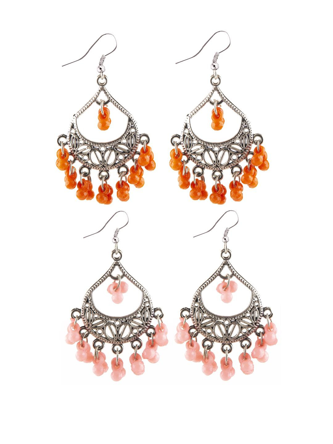 Creative Frogs Silver Oxidize Orange & Peach Drop Earrings - Set Of 2