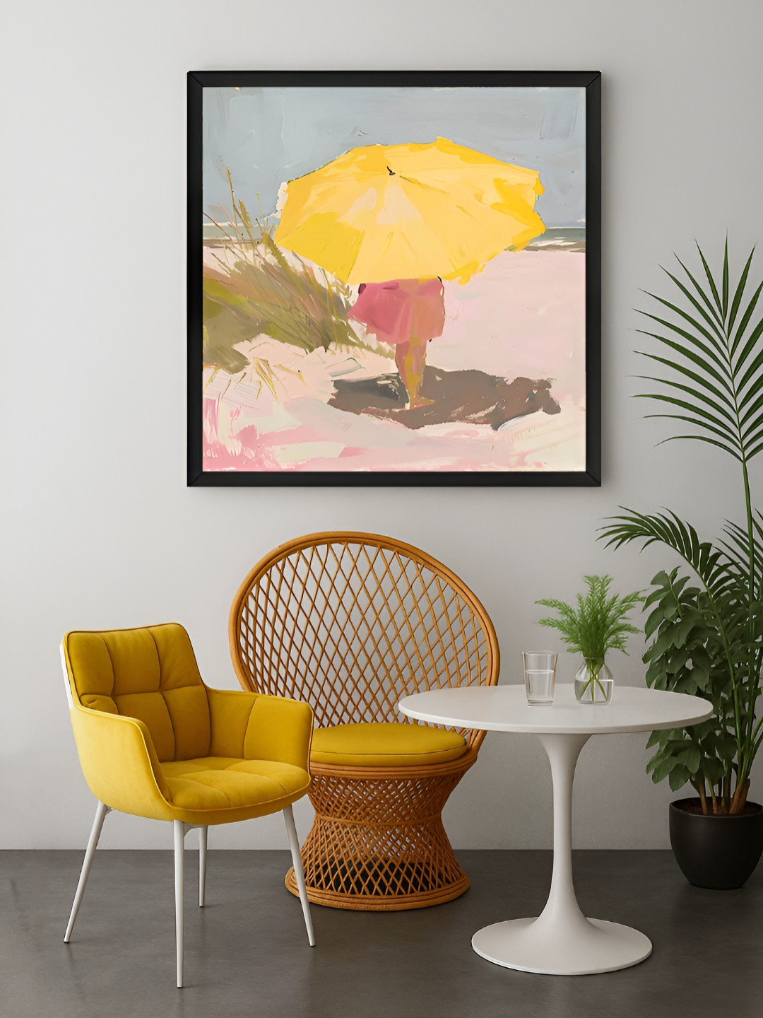 999Store Yellow & Green Child Beach With Umbrella Canvas Wall Art