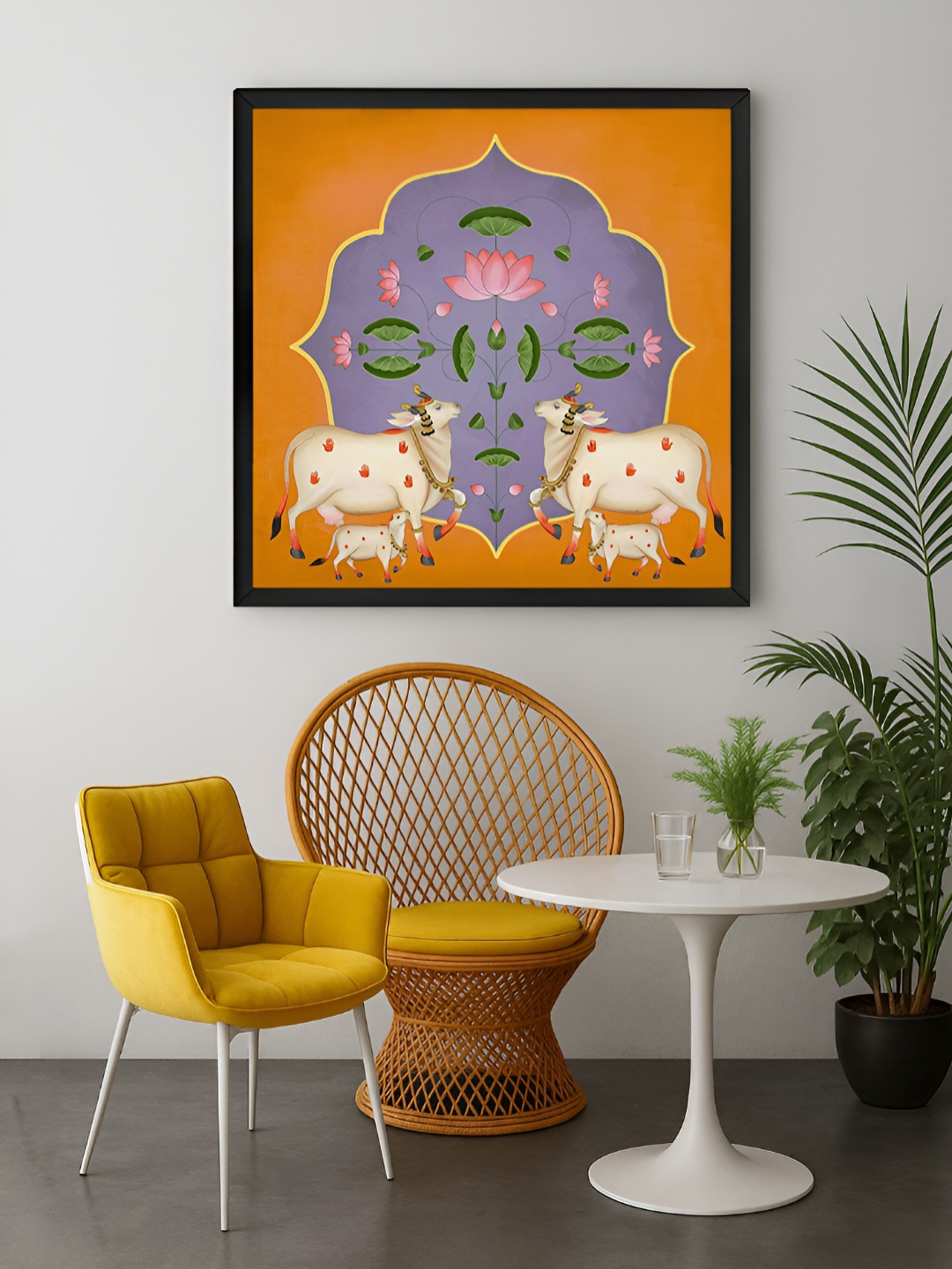 999Store Orange Colored & Grey Cow & Lotus Printed Canvas Wall Art