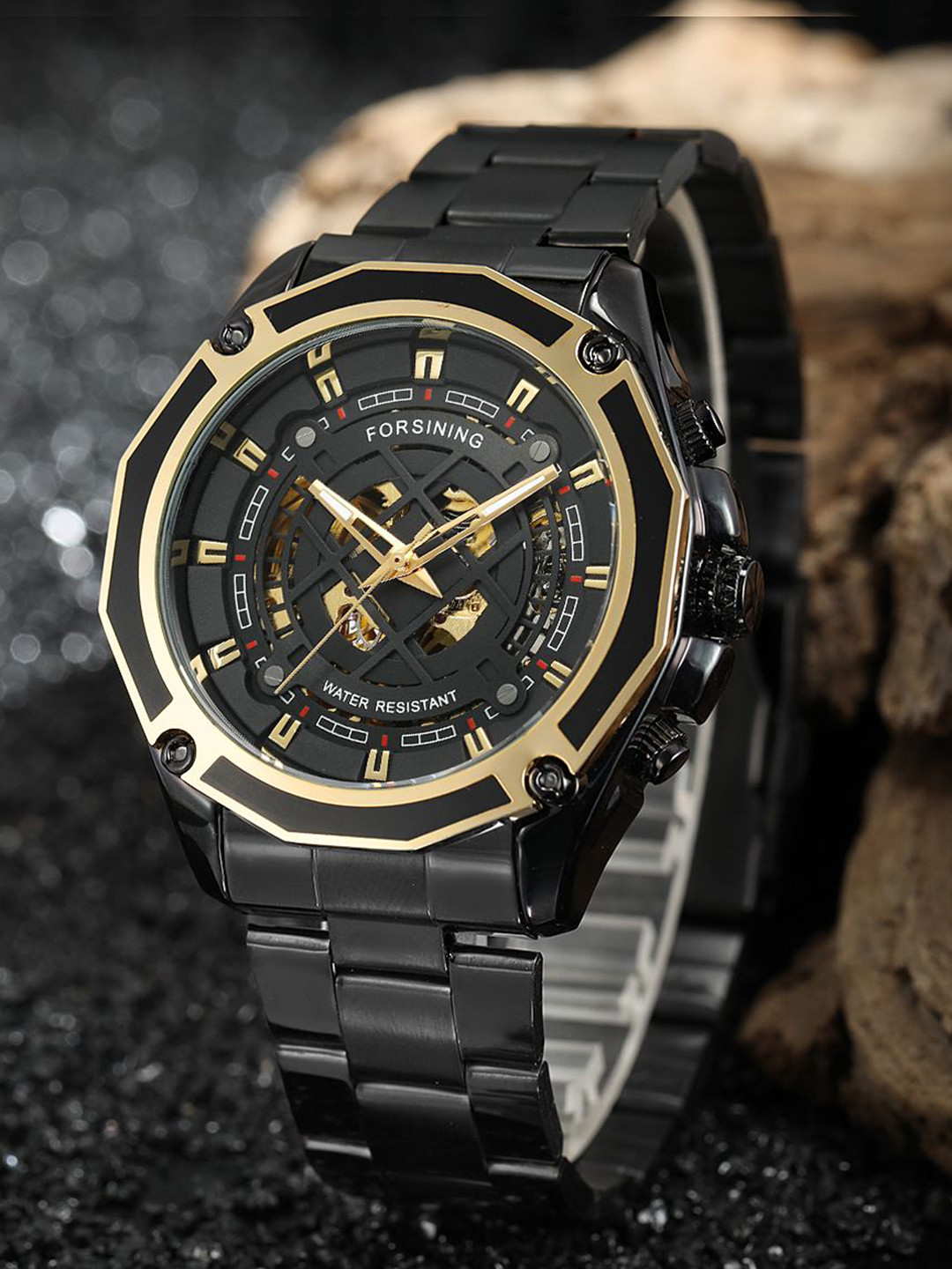 FORSINING Men Skeleton Analog Watch with Round Dial & Stainless Steel Strap