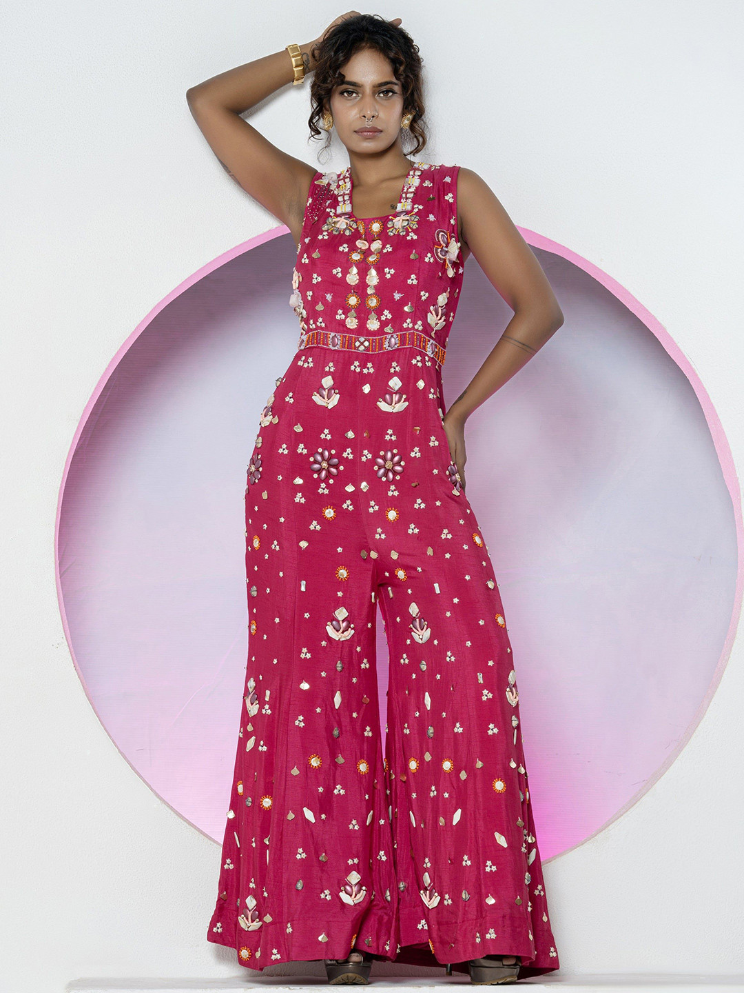 GloballyRonakRBafna Embroidered Beads & Stones Silk Playsuit Jumpsuit