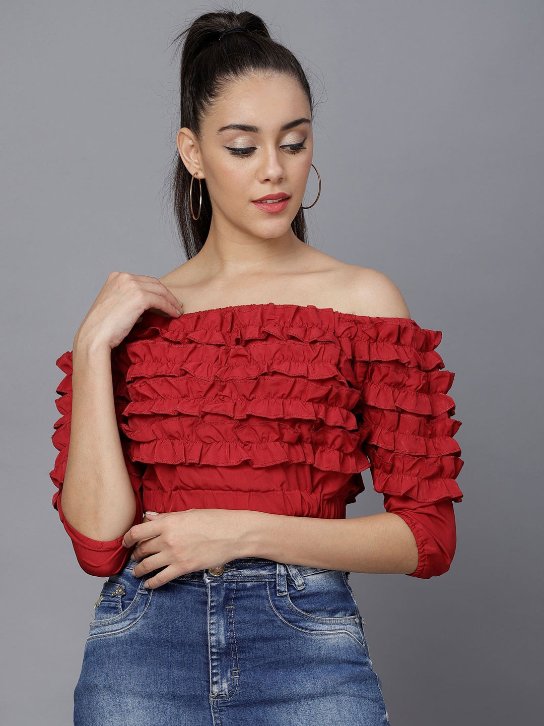 TANDUL Women Off Shoulder Frill Details Crop Bardot Top