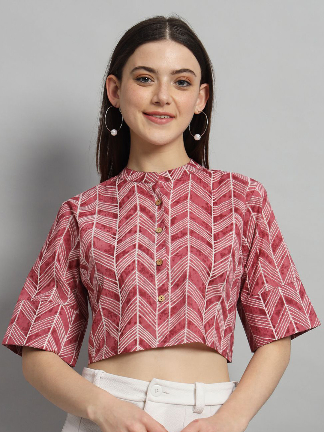 Ravaiyaa Women Printed Band Collar Cotton Crop Top