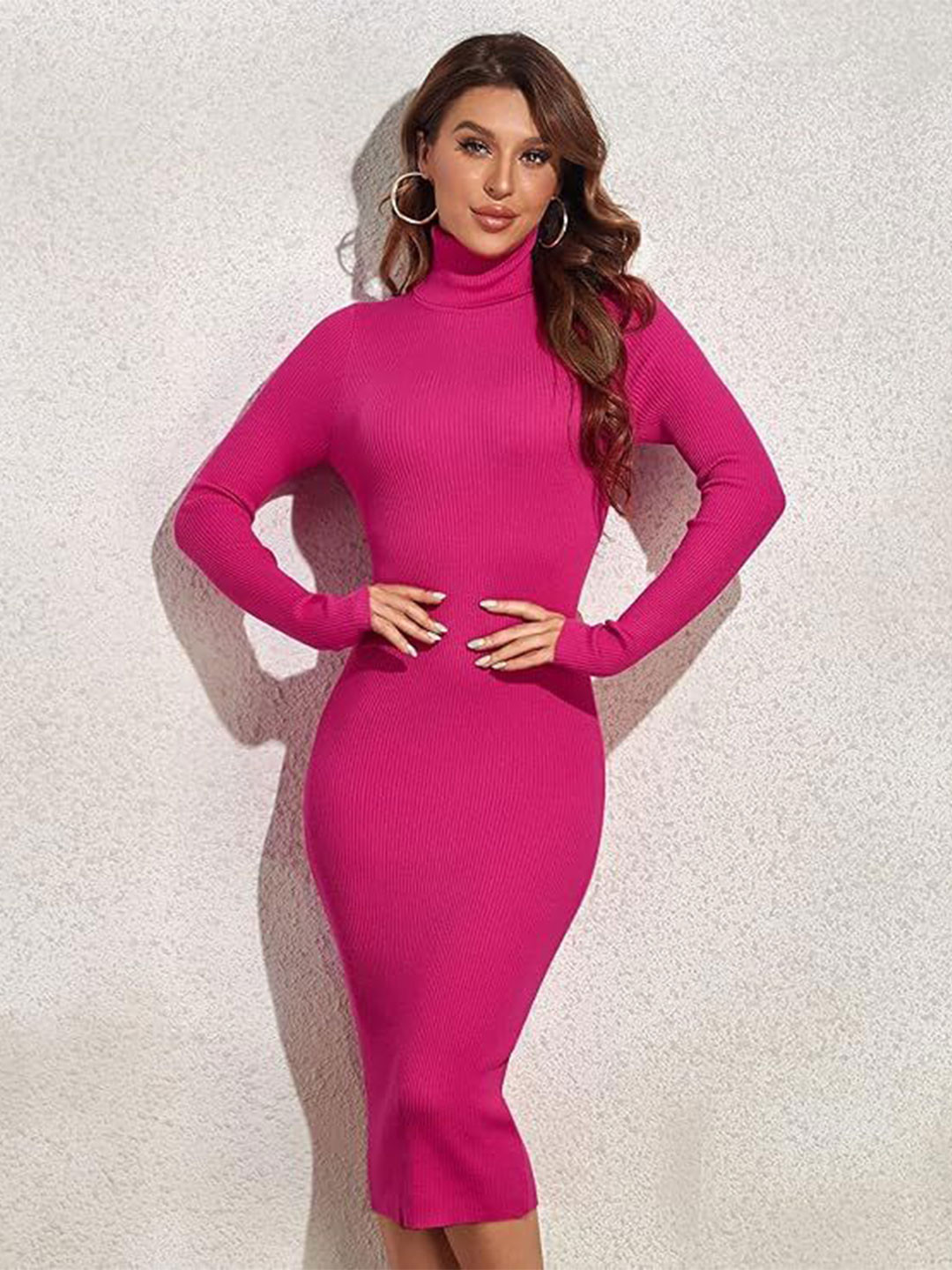 TRENDY ERA Women Ribbed Turtle Neck Long Sleeve Bodycon Dress