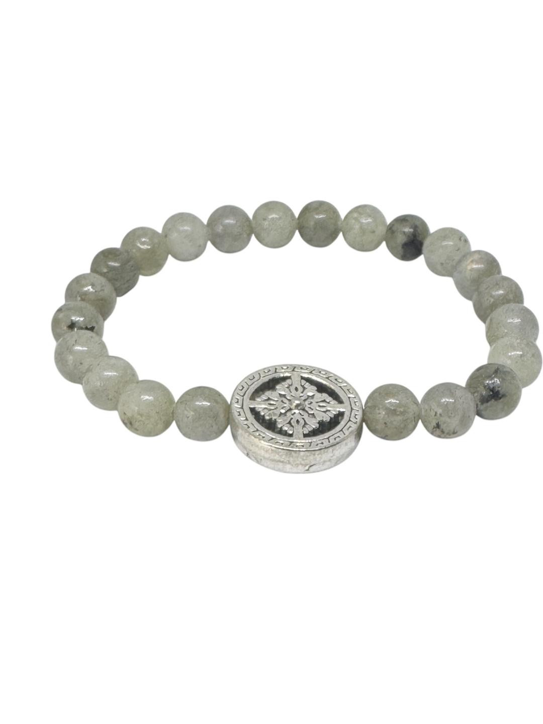 Gems Guru Unisex Multicoloured Elasticated Ceramic Bracelet with Floral Labradorite Beads