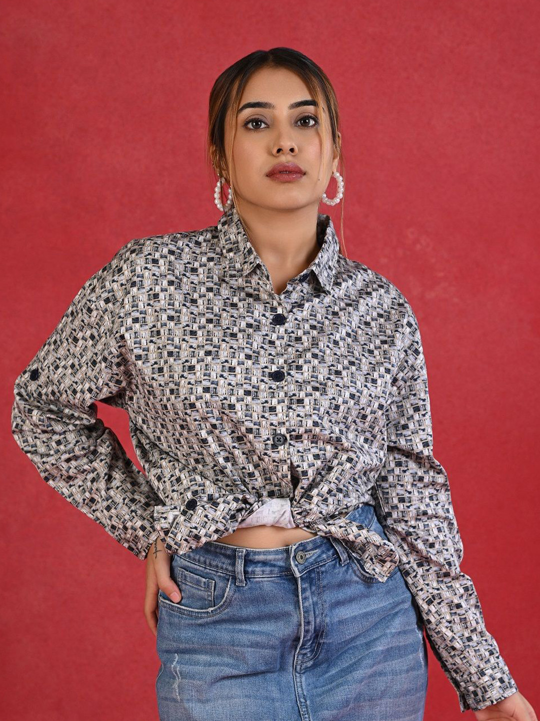 AC&F Classic Abstract Printed Spread Collar Casual Cotton Shirt