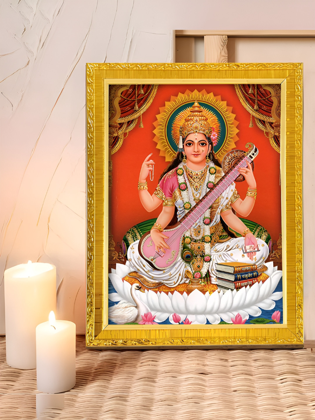 Art Street Gold Toned & Red Divine Maa Saraswati Printed Photo Frame