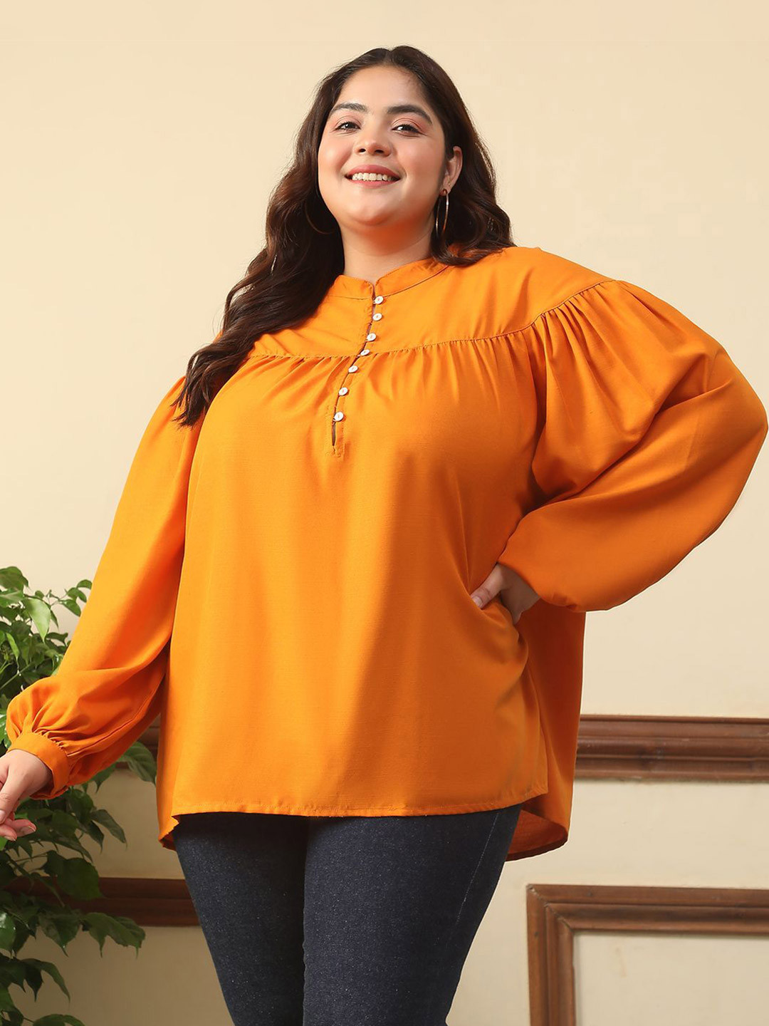 Oxolloxo Women Plus Size Mandarin Collar Round Neck Top