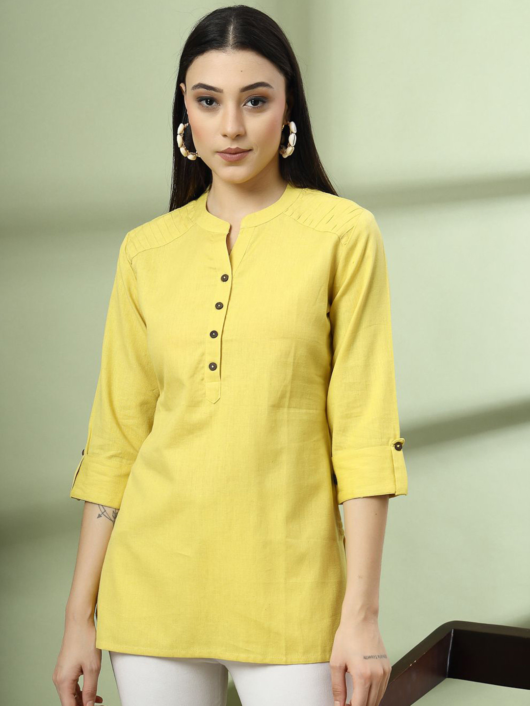 Pistaa Roll-Up Sleeves Pure Cotton Kurti