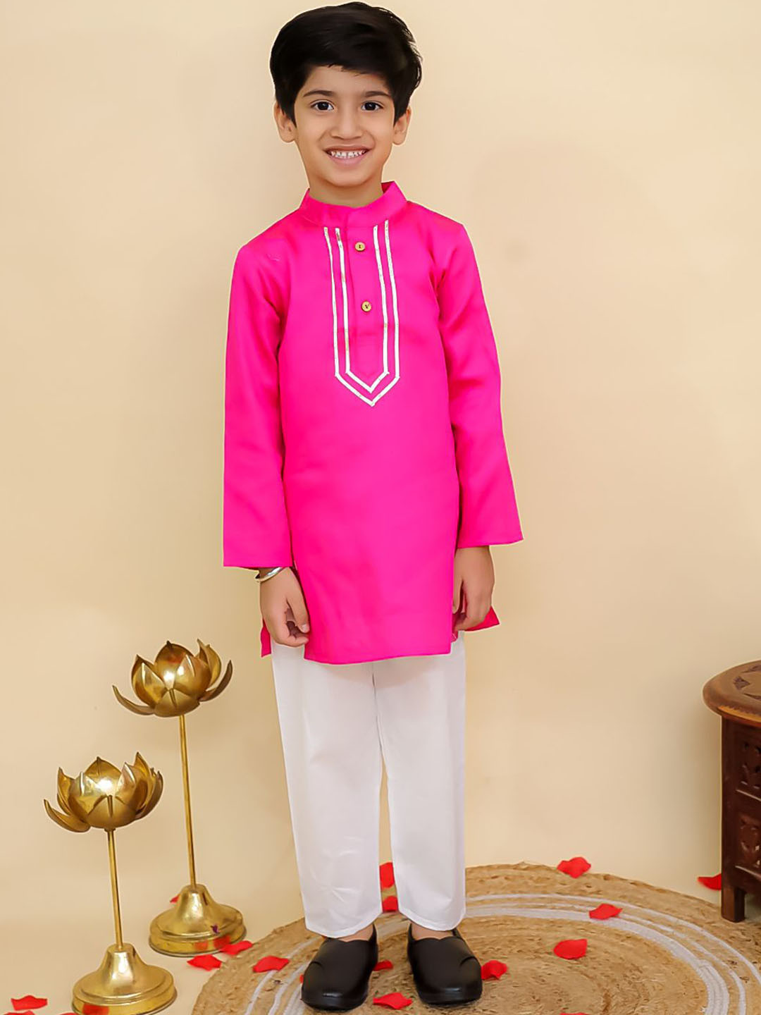 Aj DEZInES Boys Pink Cotton Full sleeves Solid Kurta Pyjama Set