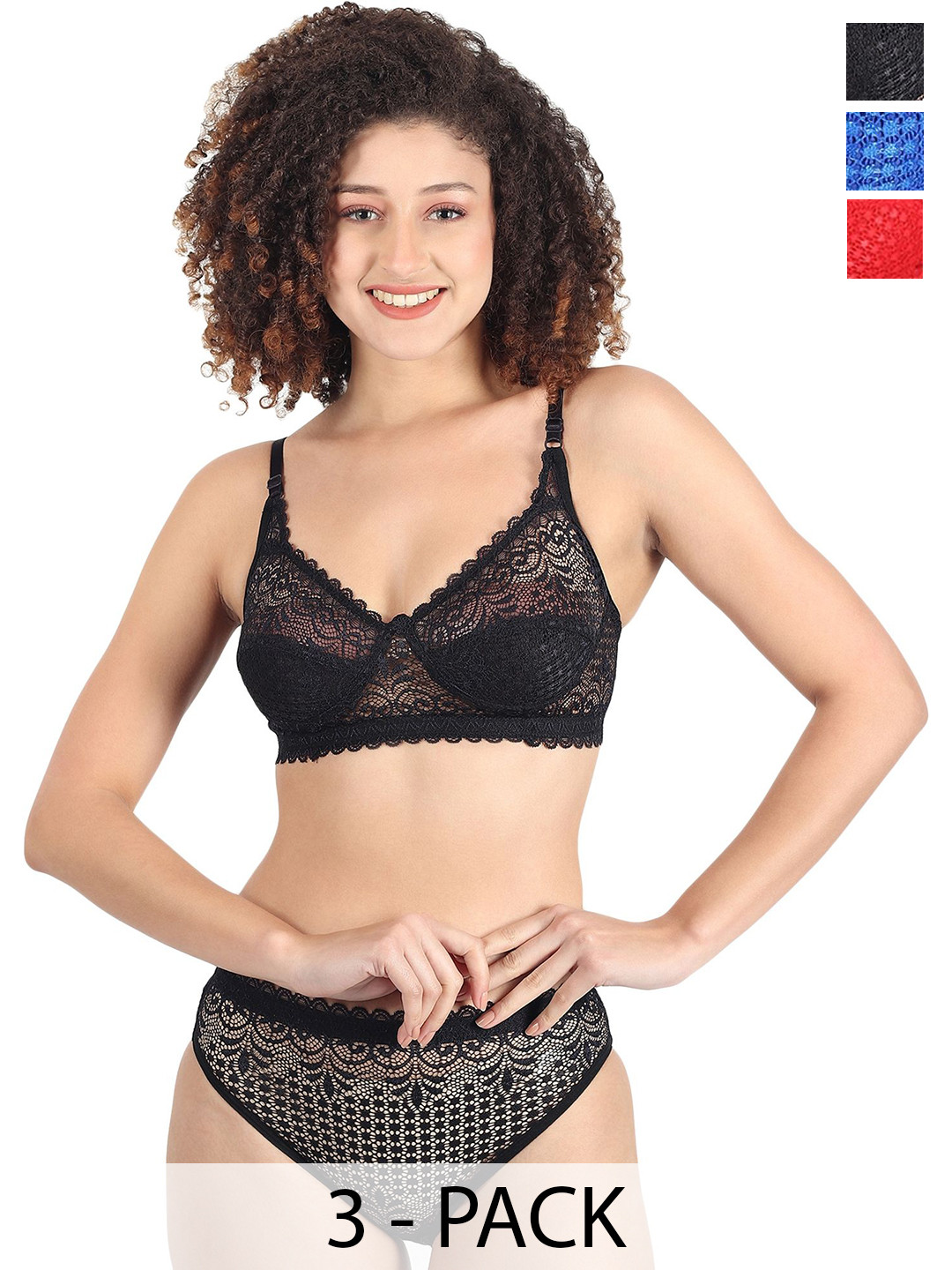 Samvar Pack Of 3 Non Padded Lingerie Set B-Rain-Set_R,B,Bl