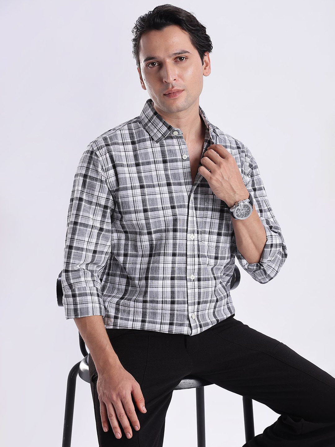 Guns & Sons Modern Tartan Checked Spread Collar Cotton Casual Shirt