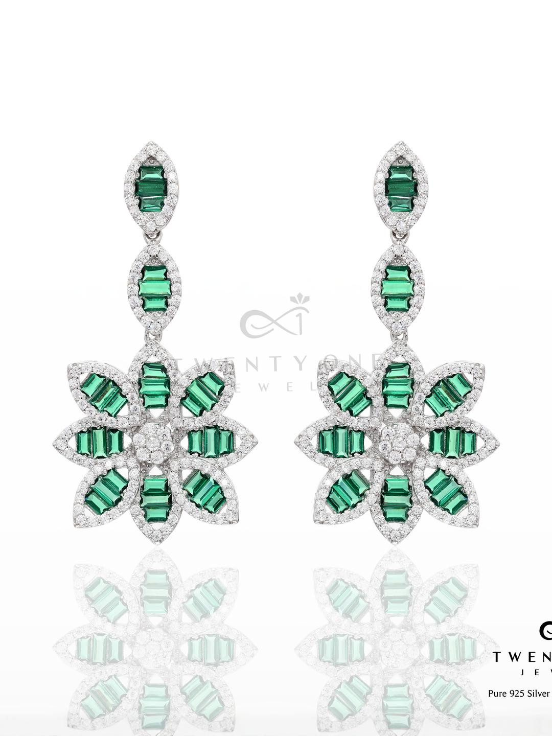 American Diamond Studded Green Emerald Baguette Aliyah Long Earrings on Pure 925 Silver.
