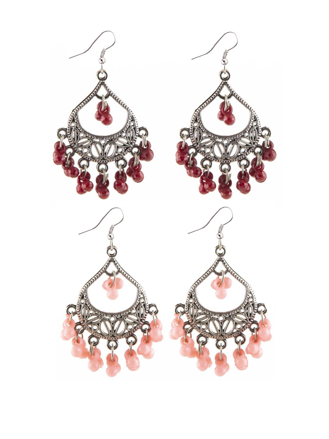 Creative Frogs Set of 2 Silver Plated Maroon & Pink Beaded Drop Earrings