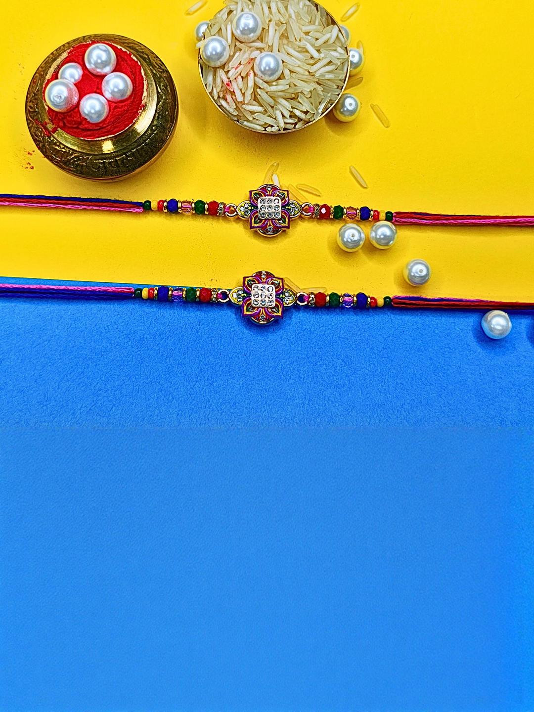 Anouk Set Of Beaded Cotton Thread with AD Stones & Meenakari Designer Rakhi for Brother