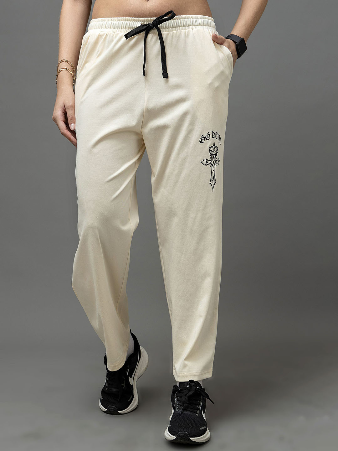 GO DEVIL Women Cotton Light Cream High-Rise Regular Trousers