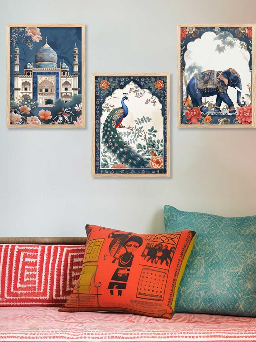 WALLLANE 3 Piece Birds and Animals Traditional Wooden Wall Paintings