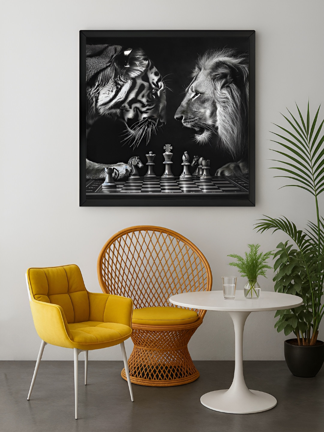 999Store Black & Off White Chess With Tiger And Lion Canvas Wall Art