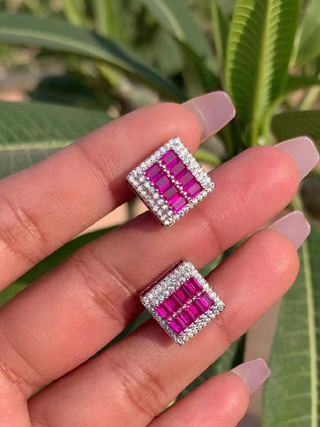 Diamond Studded and 2 Line Ruby Baguette Marlee Studs on Pure 925 Silver.