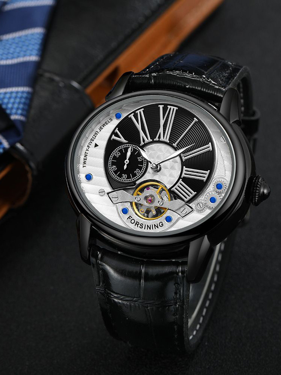 FORSINING Men Analog Watch with Round Dial, Roman Numerals, and Stainless Steel Strap