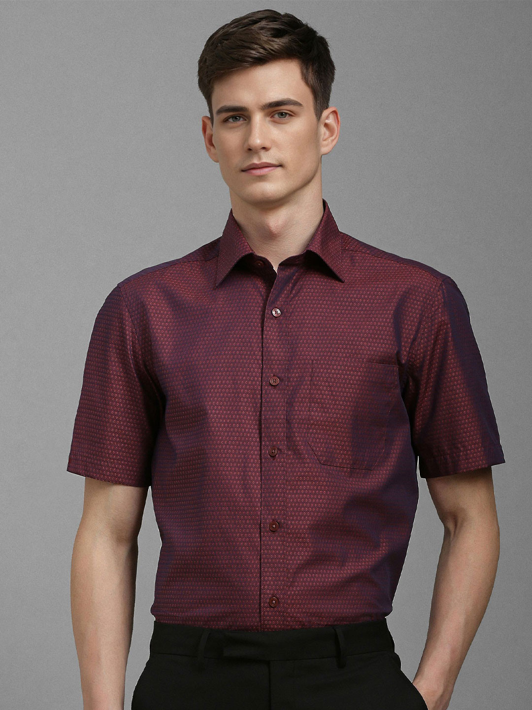 Louis Philippe Floral Self Design Short Sleeves Formal Cotton Shirt