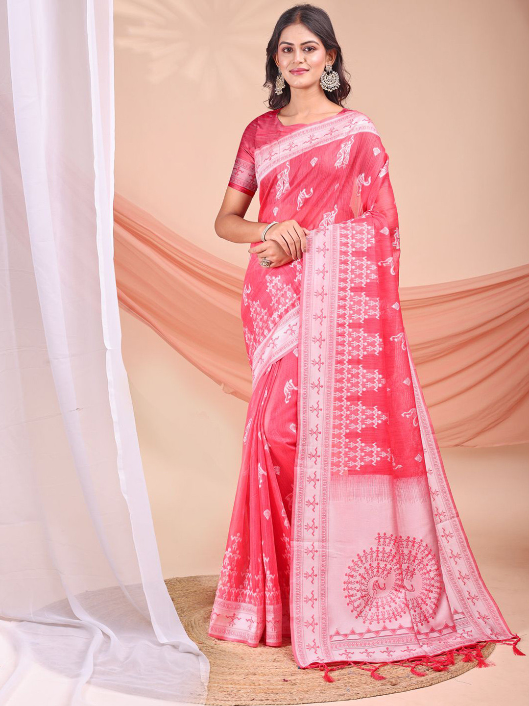 ALAGINI Ethnic Motifs Woven Design Pure Linen Cotton Saree