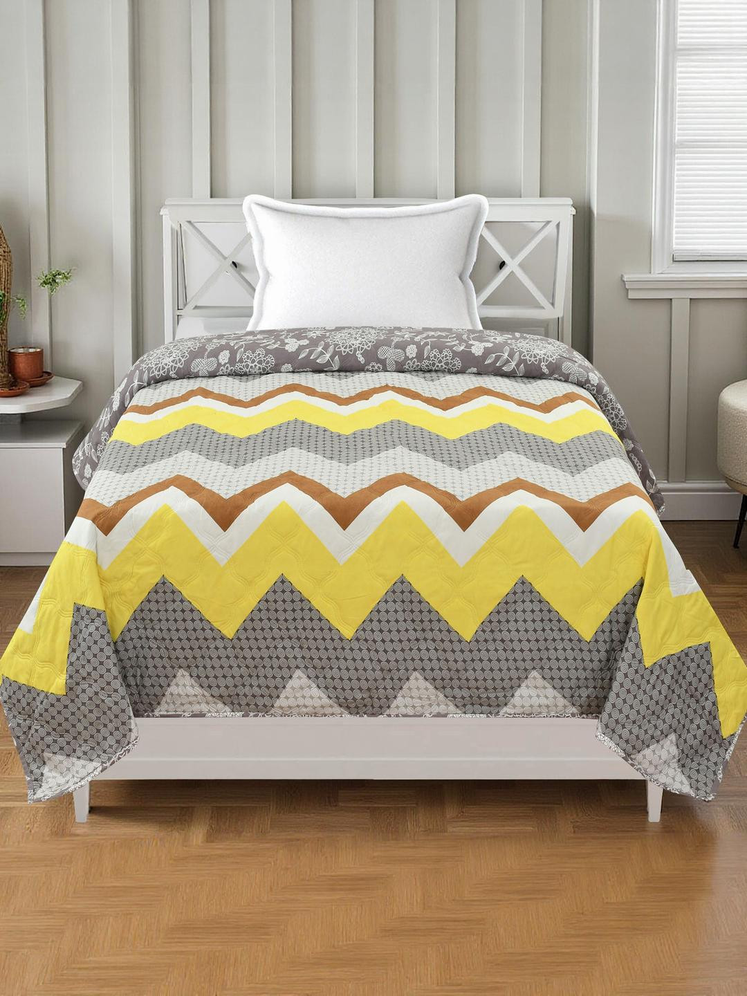IVAZA Unisex Grey And Yellow Microfiber Comforter cotton  Single Bed Set