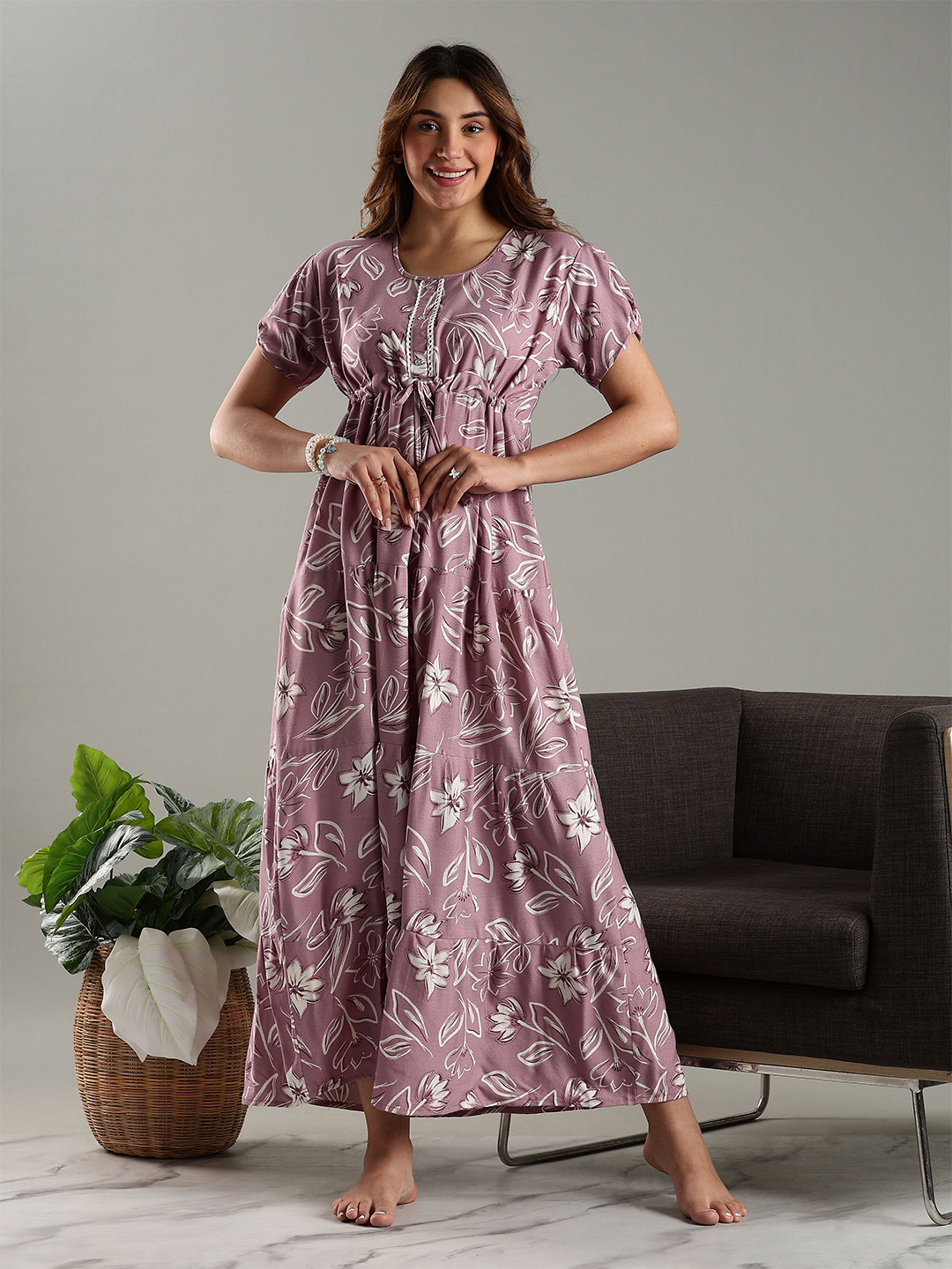 9shines Label Floral Printed Puff Sleeves Maxi Nightdress