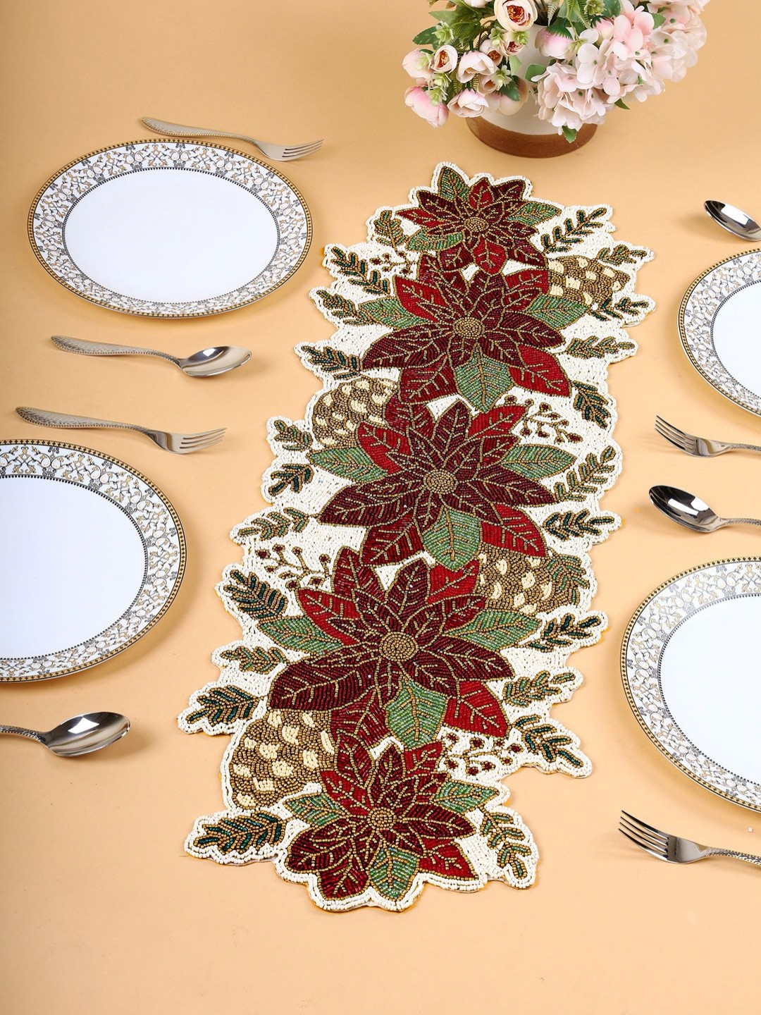YWULY White & Maroon Floral Glass Beaded Table Runner