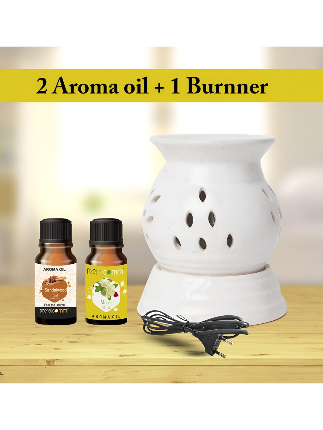 PEEPALCOMM White 3 Pieces Electric Scented Diffuser & Sandalwood & Mogra Oils - 10 ml Each