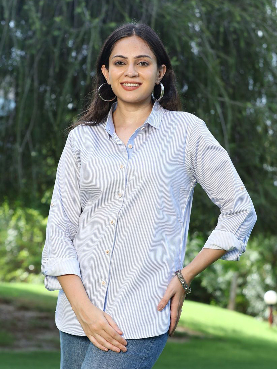 AC&F Women Classic Fit Vertical Striped Spread Collar Cotton Casual Shirt