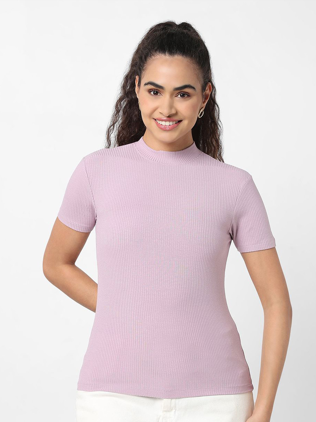R&B Women Ribbed High Neck Short Sleeve Top