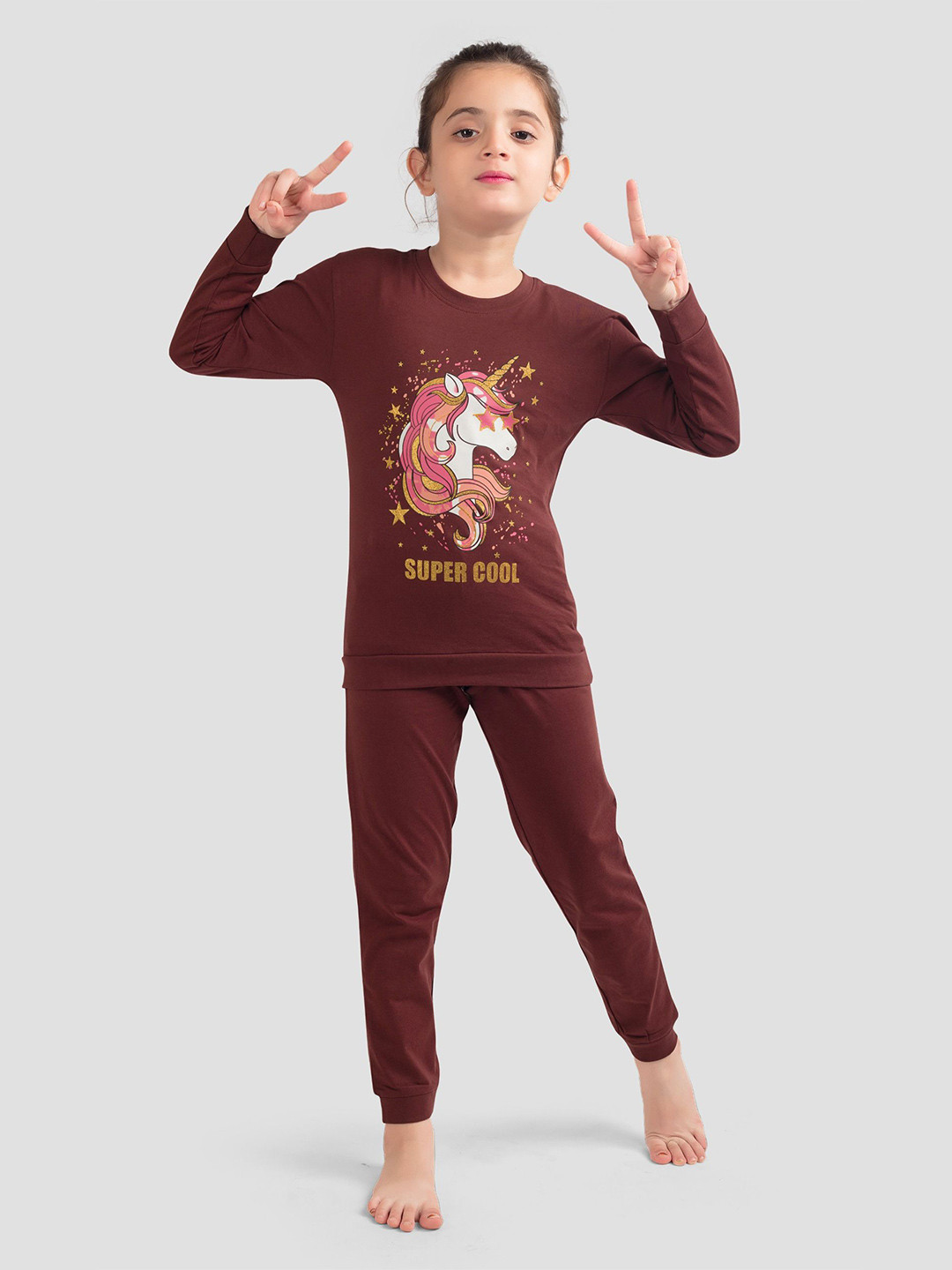 PLUM TREE Girls Unicorn Printed Round Neck Long Sleeves Pure Cotton T-shirt & Joggers