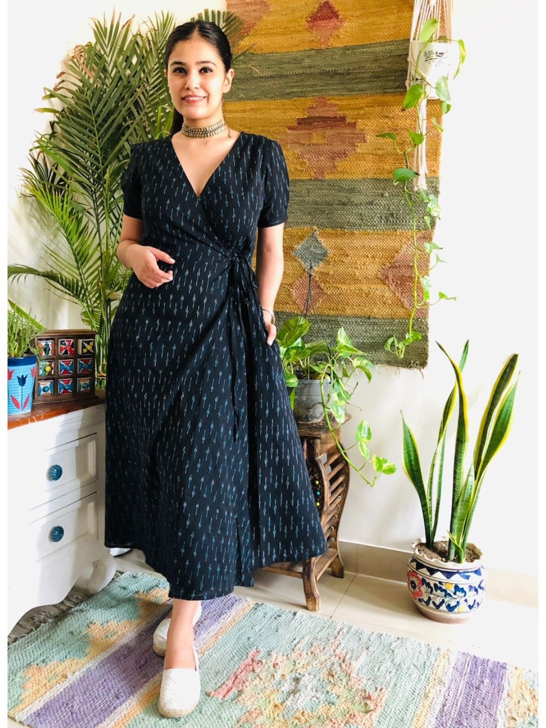 Bohemian Dream Women Ikat Woven Design Wrap Midi Dress