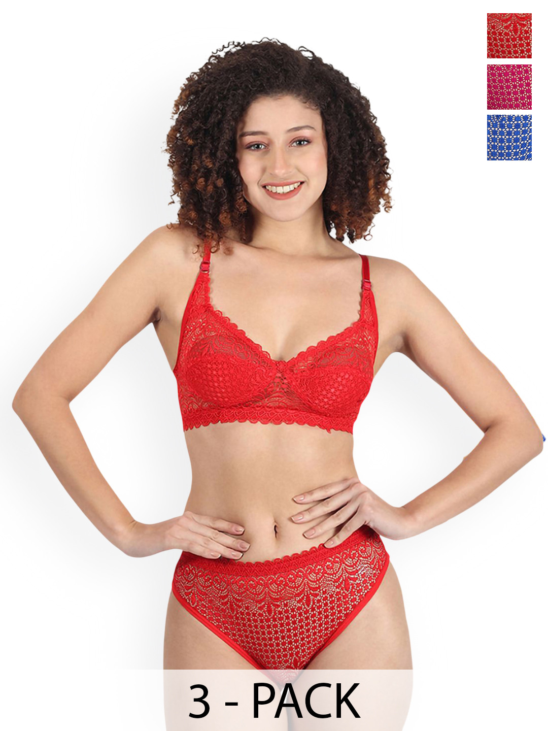 Samvar Pack Of 3 Self Design Non Padded Lingerie Sets B-Rain-Set_R,B,P