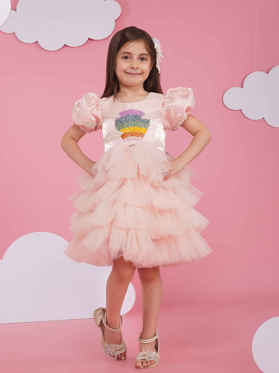 HOITY MOPPET Girls Embellished Puff Sleeves Tiered Fit and Flare Dress