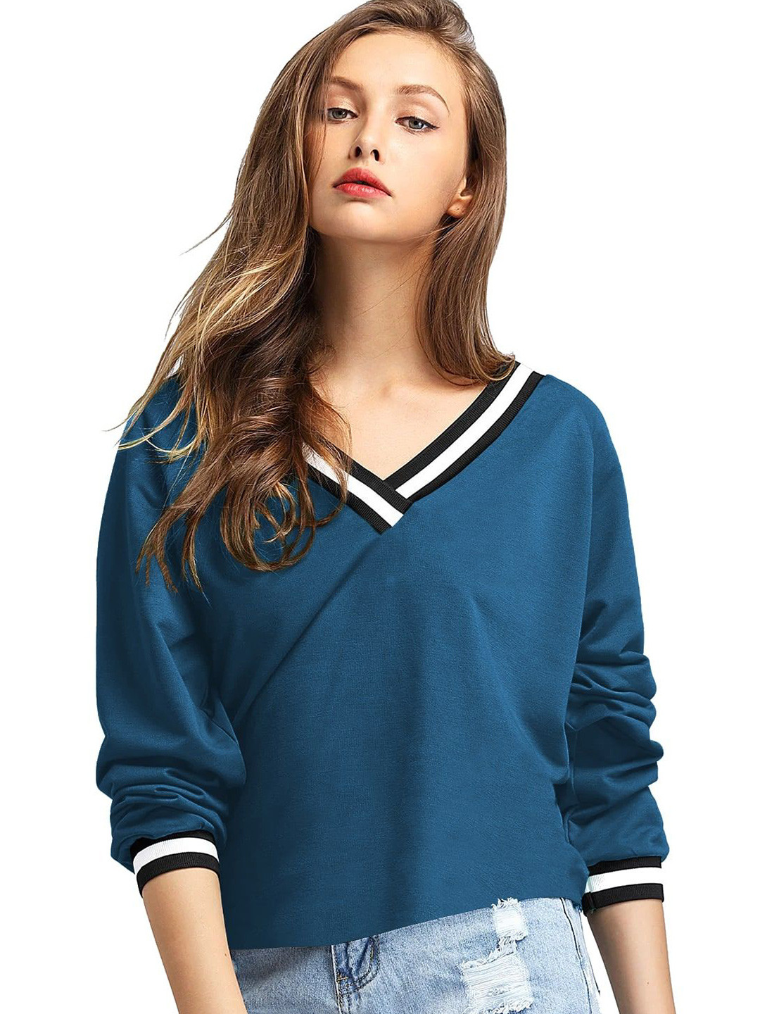 FABRICORN Women V-Neck Long Sleeve Cotton Top