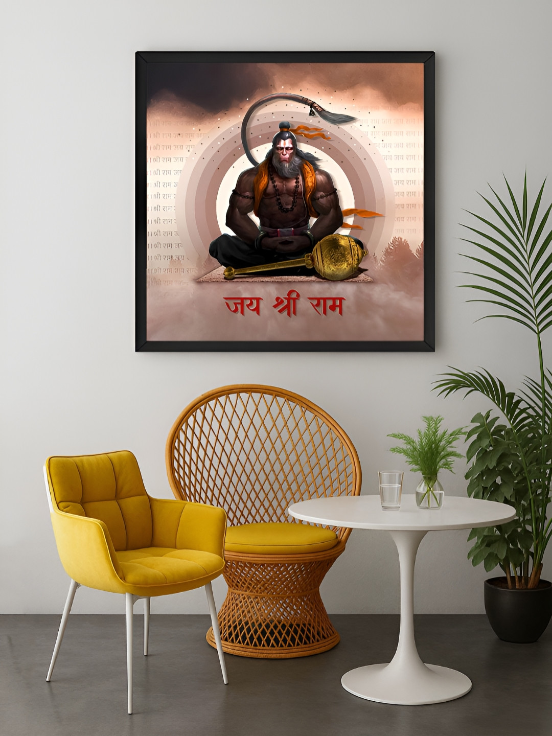 999Store Brown & Off White Powerful Image of Hanuman Meditating With Chant Canvas Wall Art